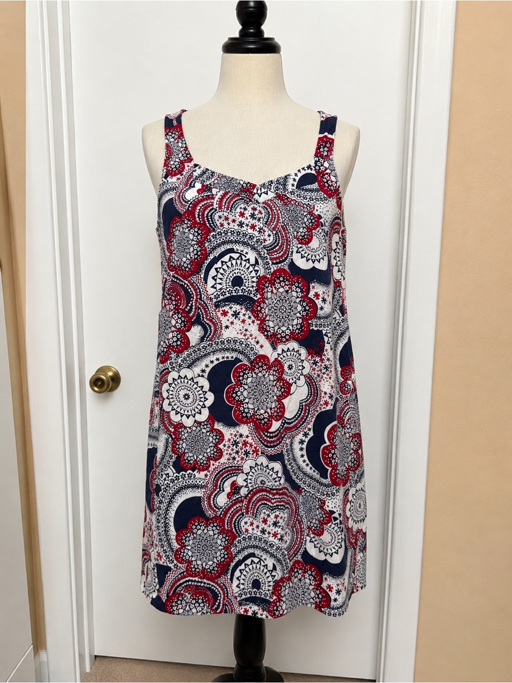 Ann Taylor LOFT Sz 16 Cotton Boho Paisley Shift Dress Sleeveless Red White Blue
